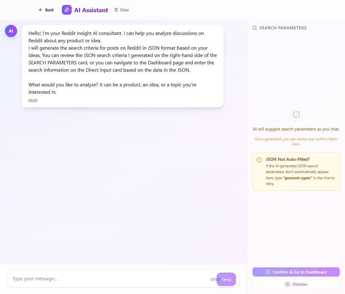 The ReddigInsight AI chat interface with a research conversation and generated search parameters.